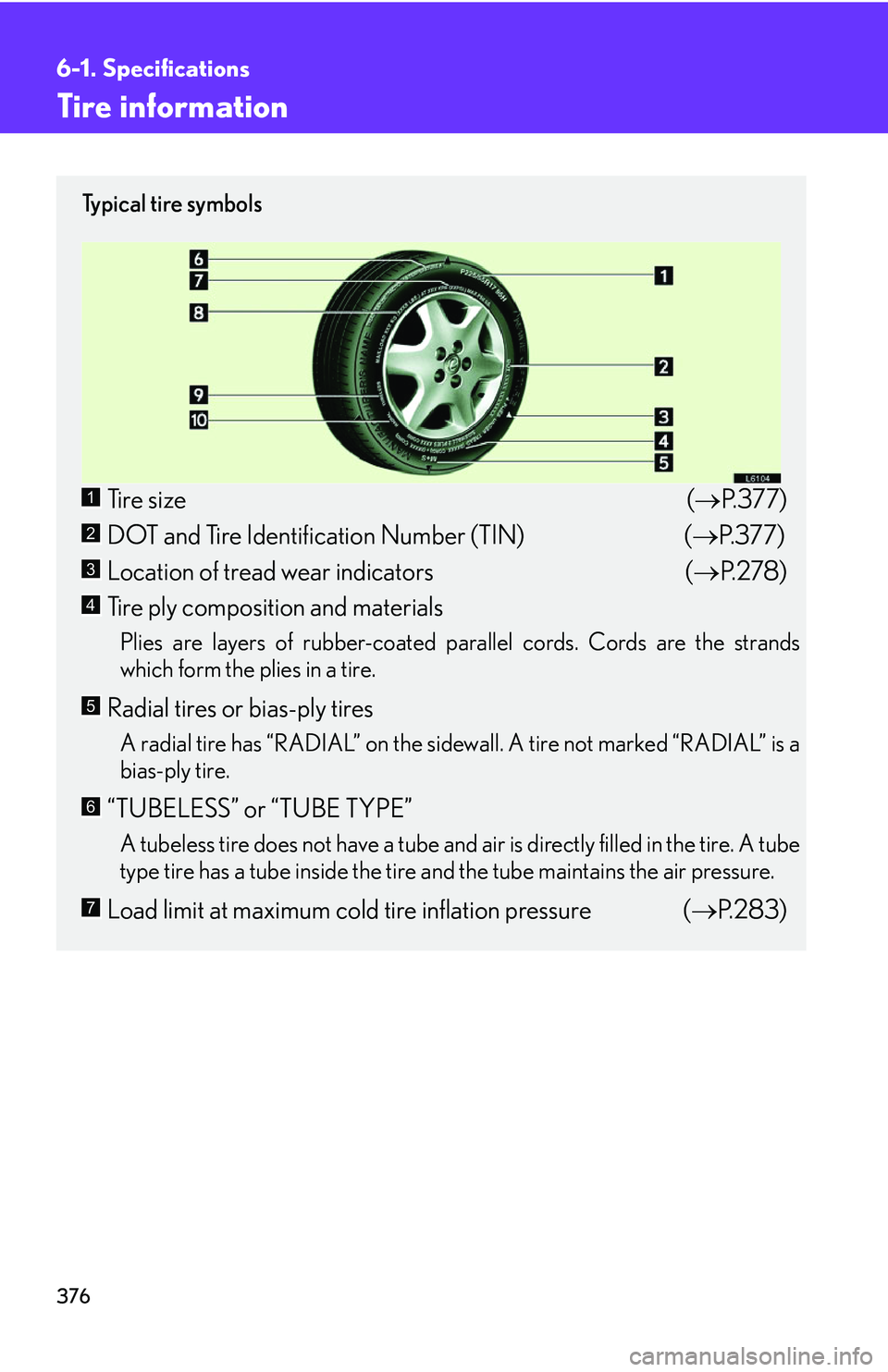 LEXUS LS430 2006  Owners Manual 376
6-1. Specifications
Tire information
Ty p i c a l  t i r e  s y m b o l s
Tire size(P.377 ) 
DOT and Tire Identification Number (TIN)  ( P.377 ) 
Location of tread wear indicators  ( P.27