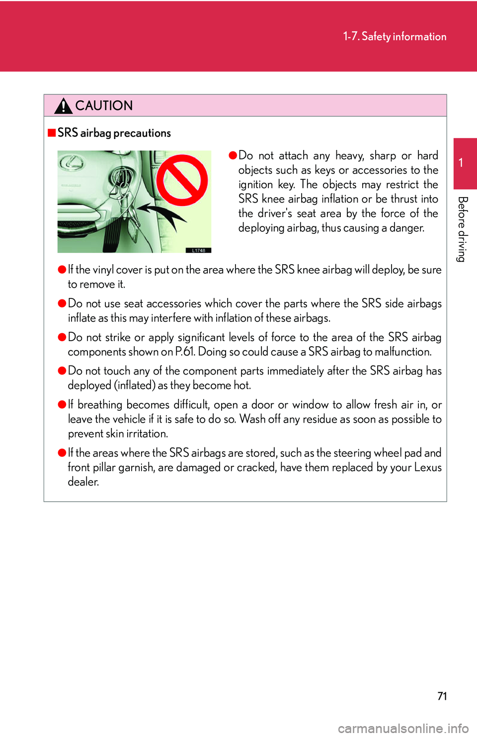 LEXUS LS430 2006  Owners Manual 71
1-7. Safety information
1
Before driving
CAUTION
■SRS airbag precautions
●If the vinyl cover is put on the area where the SRS knee airbag will deploy, be sure 
to remove it.
●Do not use seat 