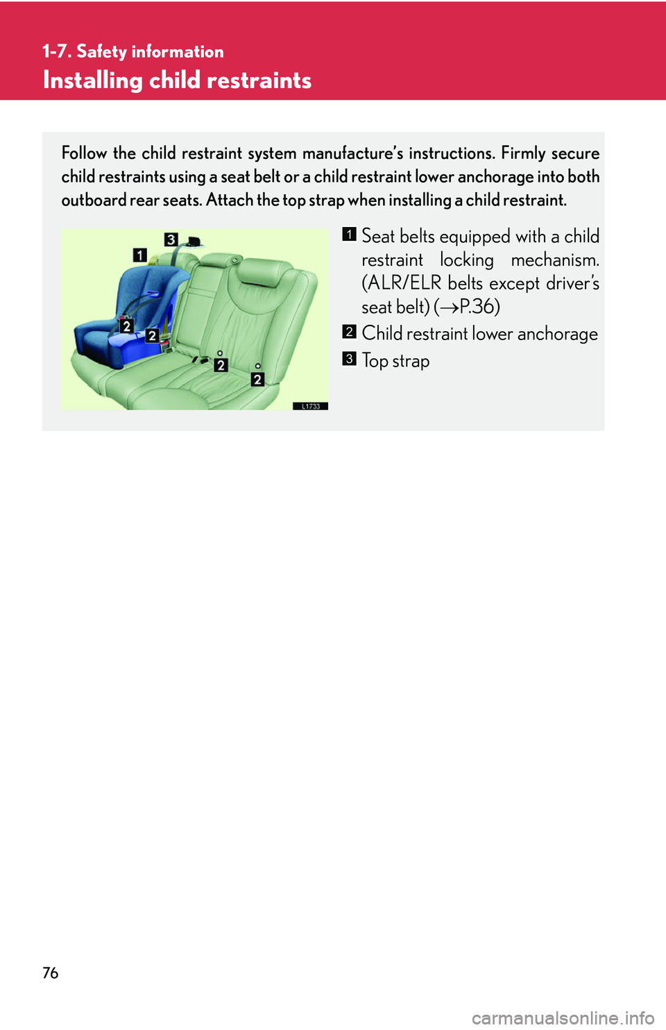 LEXUS LS430 2006  Owners Manual 76
1-7. Safety information
Installing child restraints
Follow the child restraint system manufacture’s instructions. Firmly secure 
child restraints using a seat belt or a child restraint lower anch