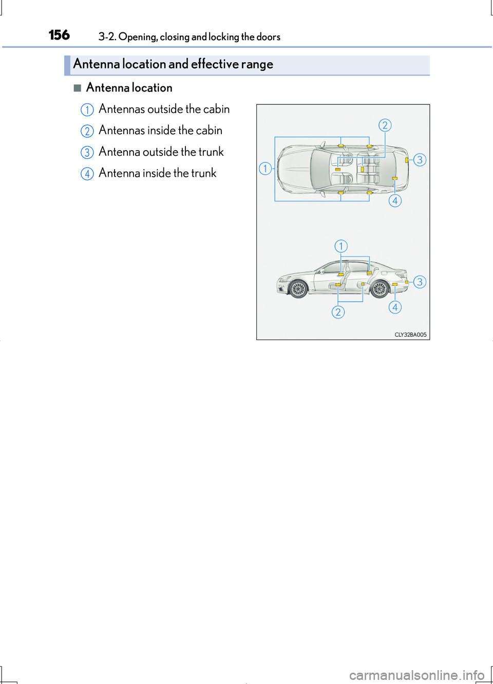 LEXUS LS460L 2016  Owners Manual 1563-2. Opening, closing and locking the doors
LS460/LS460L_GE (OM50G06E)
■Antenna location 
Antennas outside the cabin 
Antennas inside the cabin 
Antenna outside the trunk 
Antenna inside the trun