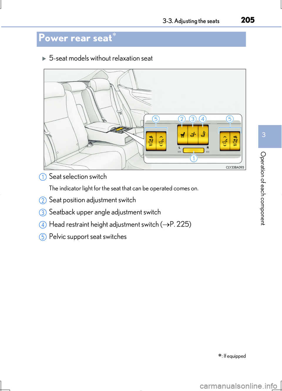 LEXUS LS460L 2016  Owners Manual 2053-3. Adjusting the seats
3
Operation of each component
LS460/LS460L_GE (OM50G06E)
5-seat models without relaxation seat
Power rear seat
Seat selection switch
The indicator light for the seat 