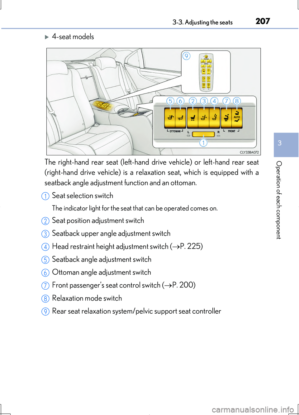 LEXUS LS460L 2016  Owners Manual 2073-3. Adjusting the seats
3
Operation of each component
LS460/LS460L_GE (OM50G06E)
4-seat models
The right-hand rear seat (left-hand drive vehicle) or left-hand rear seat 
(right-hand drive vehic