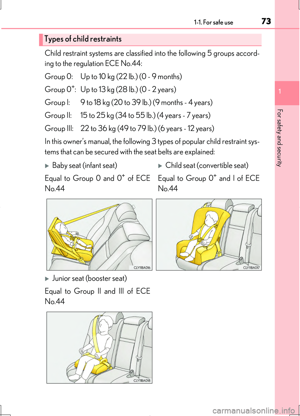 LEXUS LS460L 2016  Owners Manual 731-1. For safe use
1
For safety and security
LS460/LS460L_GE (OM50G06E)
Child restraint systems are classified into the following 5 groups accord- 
ing to the regulation ECE No.44: 
Group 0: Up to 10