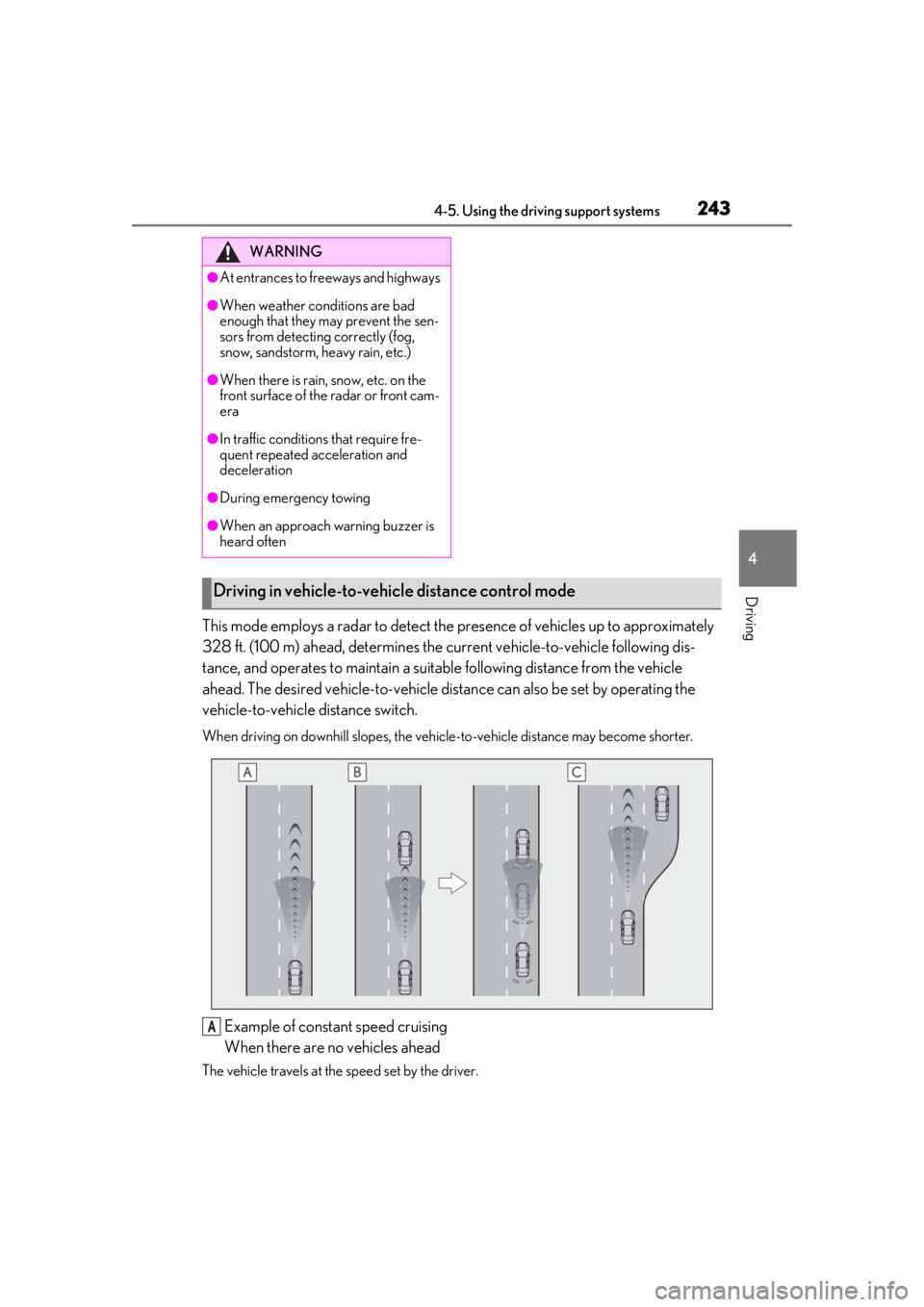 LEXUS LS500 2020  Owners Manual 2434-5. Using the driving support systems
4
Driving
This mode employs a radar to detect the presence of vehicles up to approximately 
328 ft. (100 m) ahead, determines the current vehicle-to-vehicle f