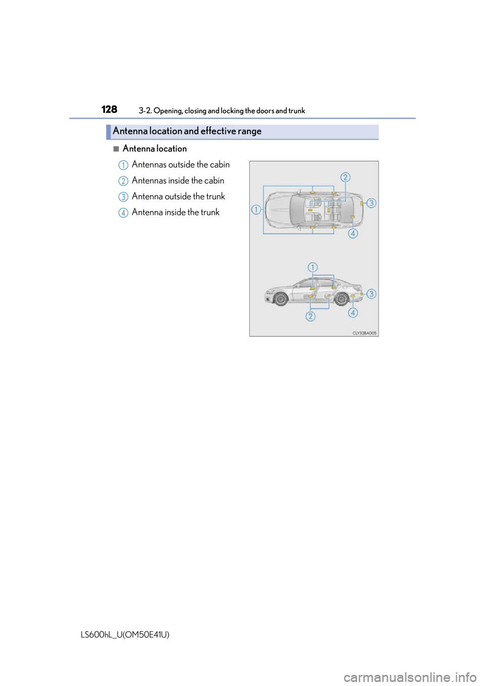 LEXUS LS600H 2015  Owners Manual 1283-2. Opening, closing and locking the doors and trunk
LS600hL_U(OM50E41U)
■Antenna location
Antennas outside the cabin
Antennas inside the cabin
Antenna outside the trunk
Antenna inside the trunk