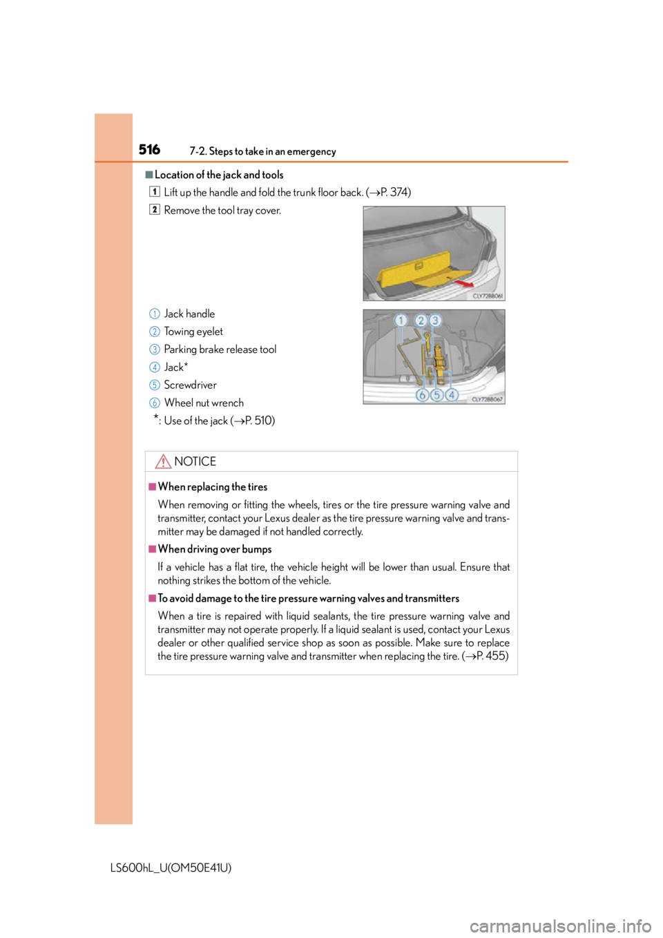 LEXUS LS600H 2015  Owners Manual 5167-2. Steps to take in an emergency
LS600hL_U(OM50E41U)
■Location of the jack and toolsLift up the handle and fold the trunk floor back. ( P.  3 74 )
Remove the tool tray cover.
Jack handle
Tow