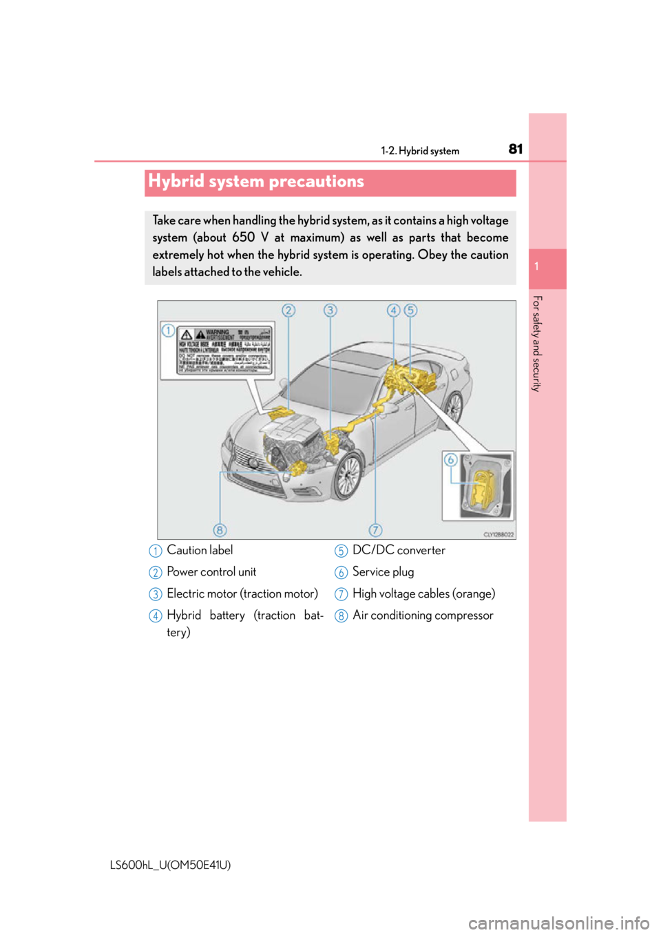 LEXUS LS600H 2015  Owners Manual 811-2. Hybrid system
1
For safety and security
LS600hL_U(OM50E41U)
Hybrid system precautions
Take care when handling the hybrid system, as it contains a high voltage
system (about 650 V at maximum)  a