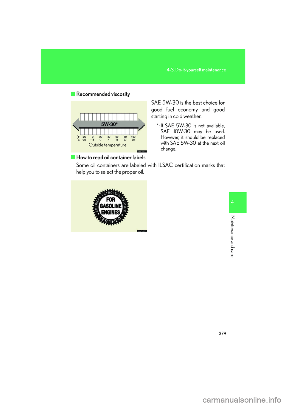 LEXUS LX470 2007  Owners Manual 279
4-3. Do-it-yourself maintenance
4
Maintenance and care
■Recommended viscosity
SAE 5W-30 is the best choice for
good fuel economy and good
starting in cold weather.
*: If SAE 5W-30 is not availab