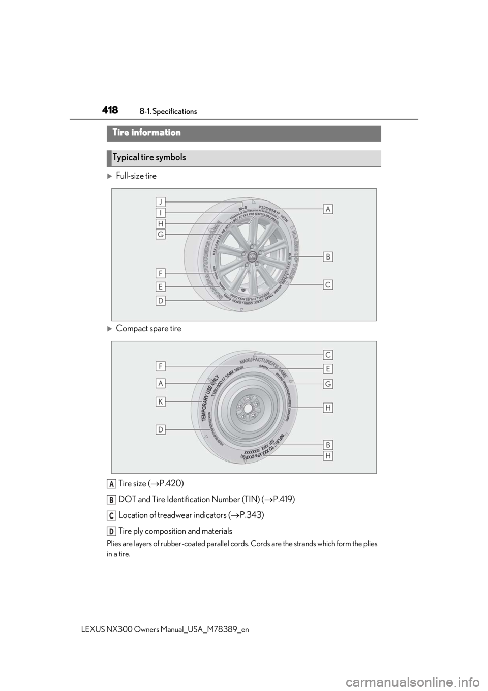LEXUS NX300 2020  Owners Manual 4188-1. Specifications
LEXUS NX300 Owners Manual_USA_M78389_en
Full-size tire
Compact spare tire
Tire size ( P.420)
DOT and Tire Identification Number (TIN) ( P.419)
Location of treadwear 
