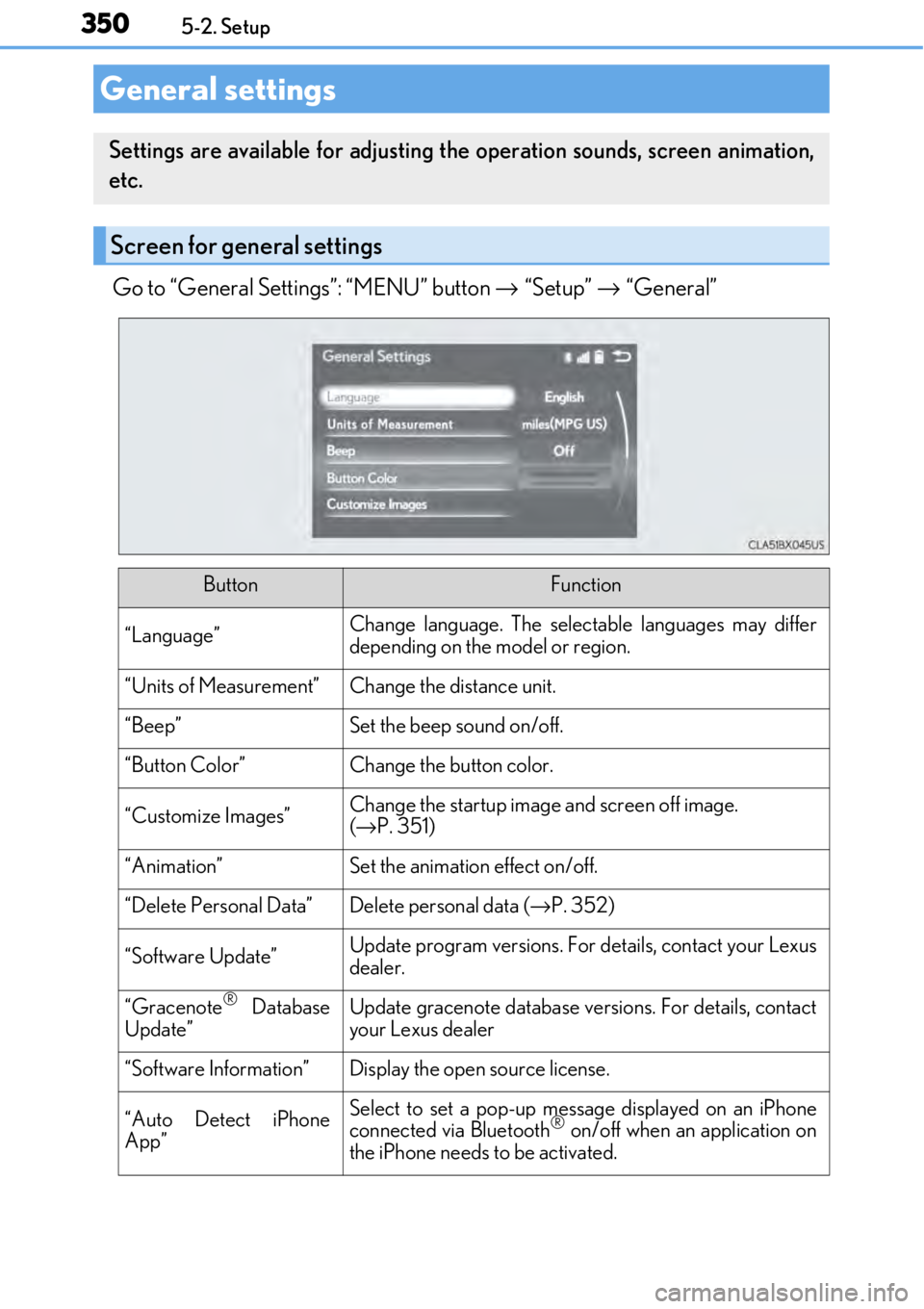 LEXUS RC F 2017 Owners Manual 3505-2. Setup
Go to “General Settings”: “MENU” button → “Setup” → “General”
General settings
Settings are available for adjusting th e operation sounds, screen animation,
etc.
Scr LEXUS RC F 2017 Owners Manual 3505-2. Setup
Go to “General Settings”: “MENU” button → “Setup” → “General”
General settings
Settings are available for adjusting th e operation sounds, screen animation,
etc.
Scr