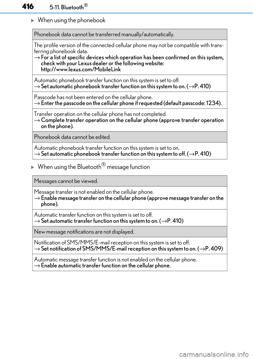 LEXUS RC F 2017 Owners Manual 4165-11. Bluetooth®
When using the phonebook
When using the Bluetooth® message function
Phonebook data cannot be transferred manually/automatically.
The profile version of the connected cellul LEXUS RC F 2017 Owners Manual 4165-11. Bluetooth®
When using the phonebook
When using the Bluetooth® message function
Phonebook data cannot be transferred manually/automatically.
The profile version of the connected cellul