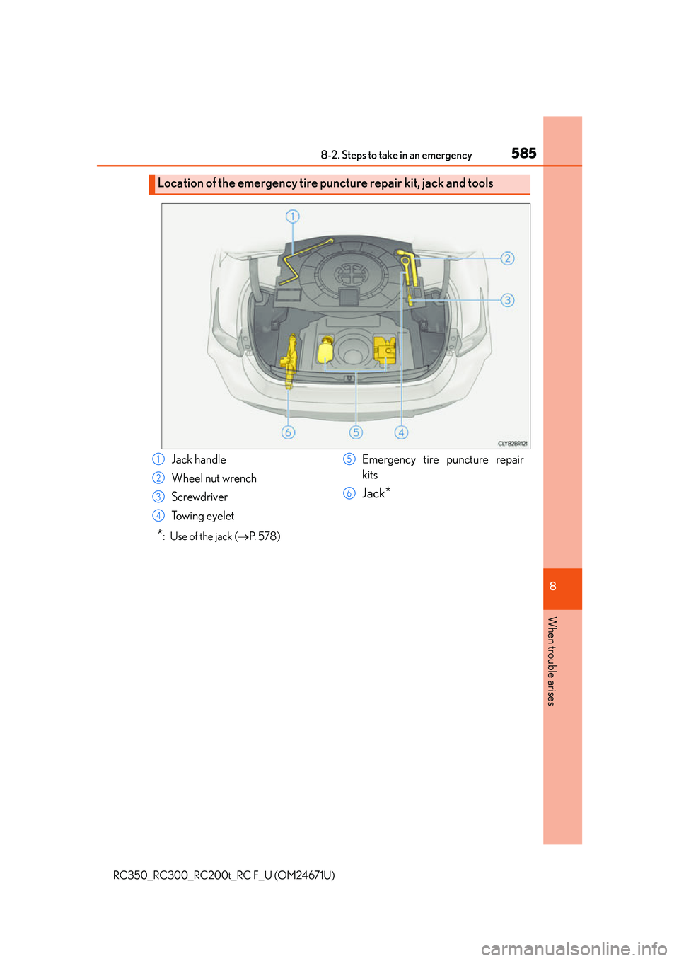 LEXUS RC F 2016  Owners Manual 5858-2. Steps to take in an emergency
8
When trouble arises
RC350_RC300_RC200t_RC F_U (OM24671U)
*:  Use of the jack (P.  5 7 8 )
Location of the emergency tire puncture repair kit, jack and tools

