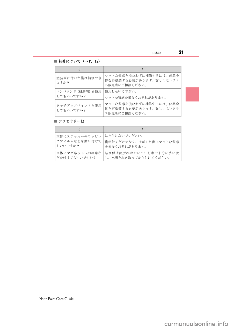 LEXUS RC F 2020  Owners Manual 21日本語
Matte Paint Care Guide
■補修について（→ P. 12)
■アクセサリー他
QA
塗装面に付いた傷は補修でき
ますか？マットな質感を損なわずに補修する