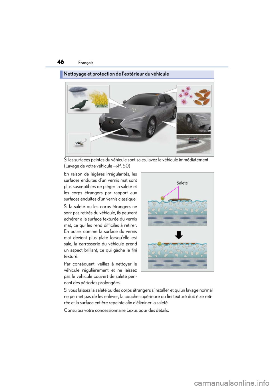 LEXUS RC F 2020 Owners Manual 46Français
Matte_Color_Guide
Si les surfaces peintes du véhicule sont sales, lavez le véhicule immédiatement.
(Lavage de votre véhicule P. 50)
En raison de légères irrégularités, les
surfa LEXUS RC F 2020 Owners Manual 46Français
Matte_Color_Guide
Si les surfaces peintes du véhicule sont sales, lavez le véhicule immédiatement.
(Lavage de votre véhicule P. 50)
En raison de légères irrégularités, les
surfa