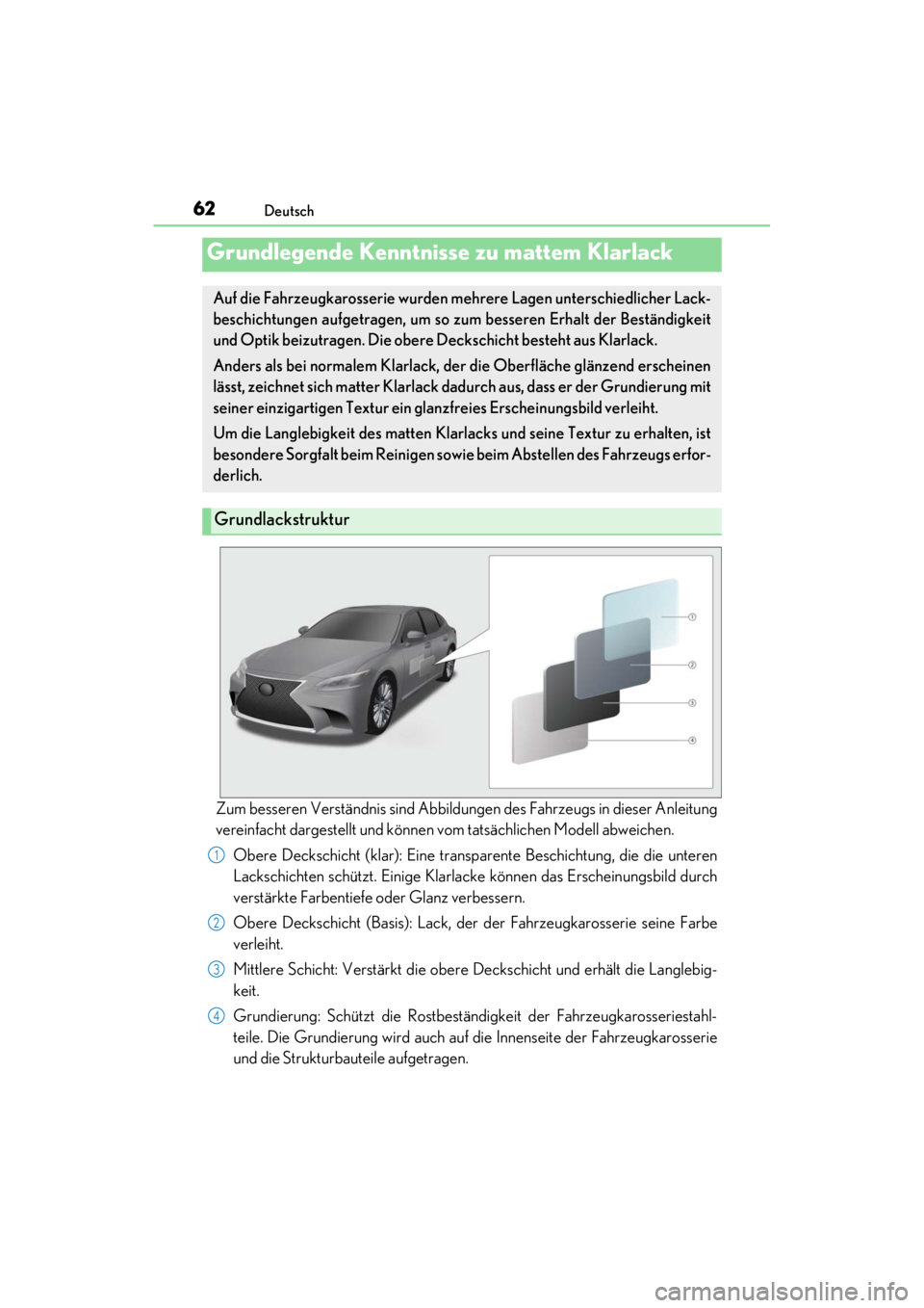 LEXUS RC F 2020 Owners Manual 62Deutsch
Matte_Color_Guide
Zum besseren Verständnis sind Abbildungen des Fahrzeugs in dieser Anleitung
vereinfacht dargestellt und können vom tatsächlichen Modell abweichen.
Obere Deckschicht (kla LEXUS RC F 2020 Owners Manual 62Deutsch
Matte_Color_Guide
Zum besseren Verständnis sind Abbildungen des Fahrzeugs in dieser Anleitung
vereinfacht dargestellt und können vom tatsächlichen Modell abweichen.
Obere Deckschicht (kla