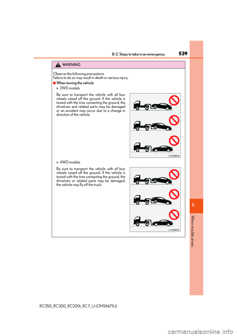 LEXUS RC200T 2016  Owners Manual 5398-2. Steps to take in an emergency
8
When trouble arises
RC350_RC300_RC200t_RC F_U (OM24671U)
WA R N I N G
Observe the following precautions. 
Failure to do so may result in death or serious injury