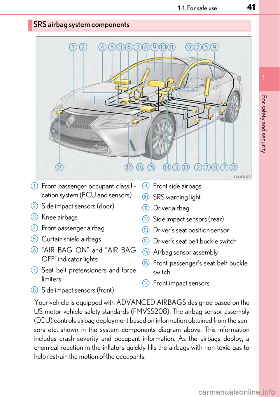 LEXUS RC300 2017 Owners Manual 411-1. For safe use
1
For safety and security
Your vehicle is equipped with ADVANCED AIRBAGS designed based on the
US motor vehicle safety standards (F MVSS208). The airbag sensor assembly
(ECU) contr LEXUS RC300 2017 Owners Manual 411-1. For safe use
1
For safety and security
Your vehicle is equipped with ADVANCED AIRBAGS designed based on the
US motor vehicle safety standards (F MVSS208). The airbag sensor assembly
(ECU) contr