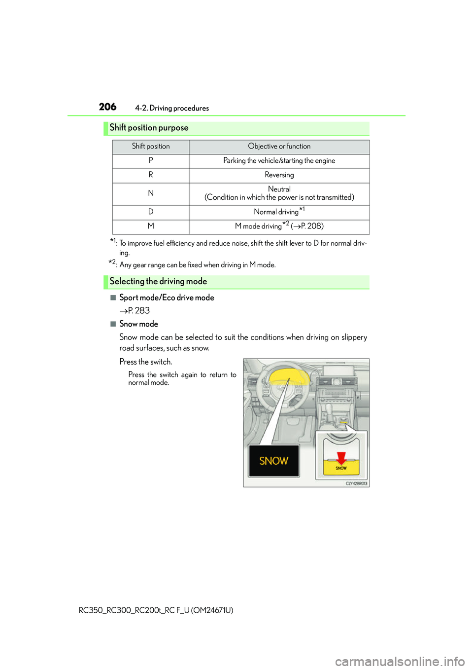 LEXUS RC300 2016  Owners Manual 2064-2. Driving procedures
RC350_RC300_RC200t_RC F_U (OM24671U)
*1: To improve fuel efficiency and reduce noise,  shift the shift lever to D for normal driv-
ing.
*2: Any gear range can be fixed when 