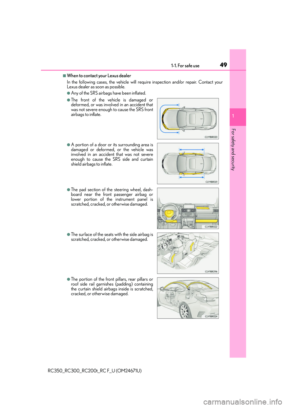LEXUS RC300 2016  Owners Manual 491-1. For safe use
1
For safety and security
RC350_RC300_RC200t_RC F_U (OM24671U)
■When to contact your Lexus dealer
In the following cases, the vehicle will require inspection and/or repair. Conta