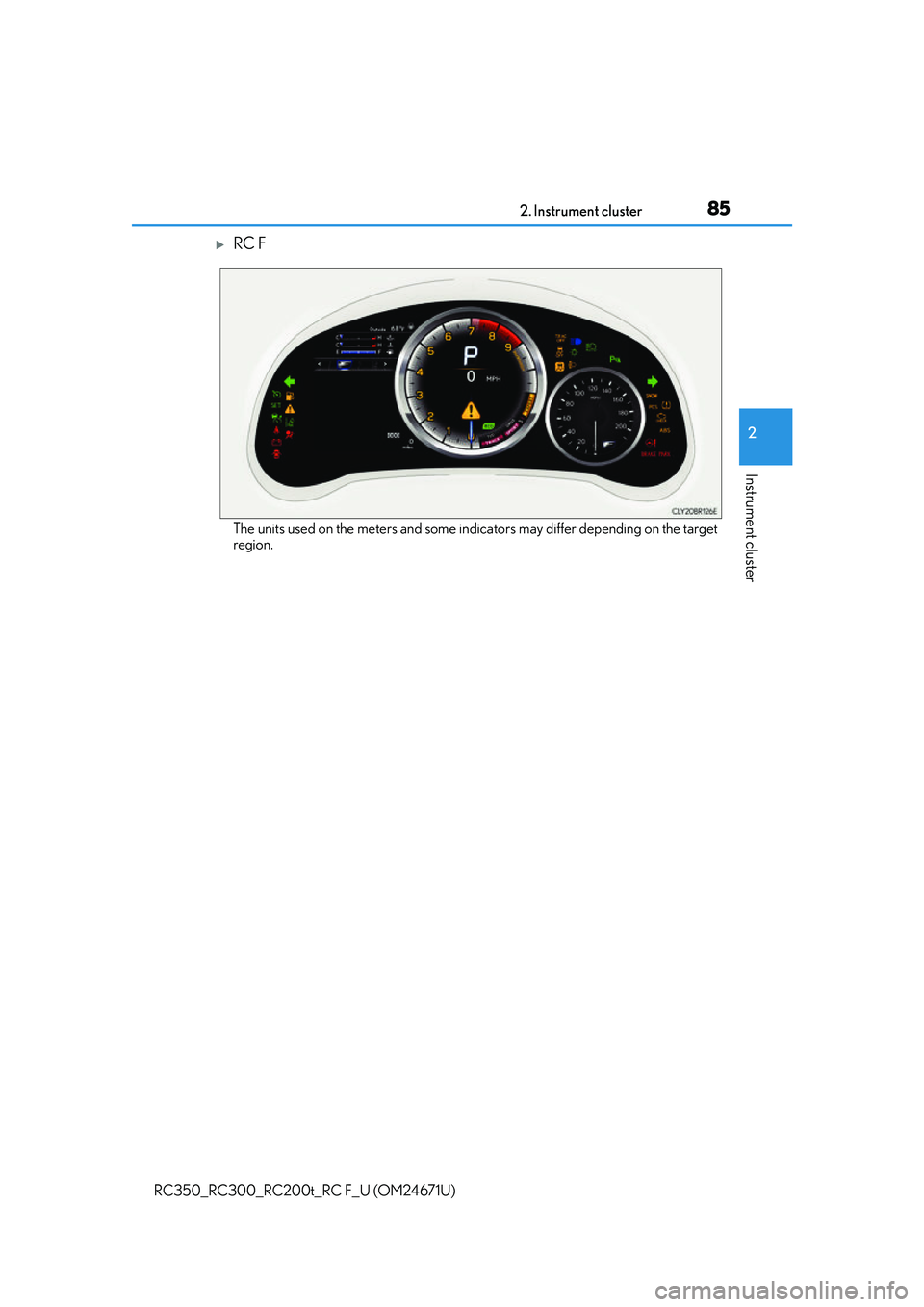 LEXUS RC300 2016  Owners Manual 852. Instrument cluster
2
Instrument cluster
RC350_RC300_RC200t_RC F_U (OM24671U)
RC F
The units used on the meters and some indicators may differ depending on the target
region. 