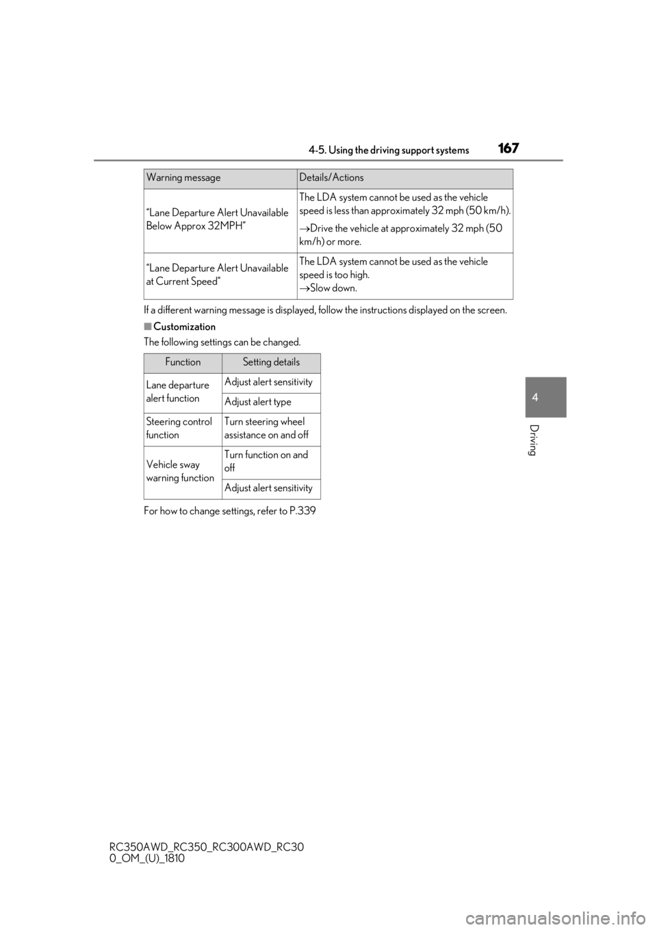 LEXUS RC350 2019  Owners Manual 1674-5. Using the driving support systems
RC350AWD_RC350_RC300AWD_RC30
0_OM_(U)_1810
4
Driving
If a different warning message is displayed, fo llow the instructions displayed on the screen.
■Customi