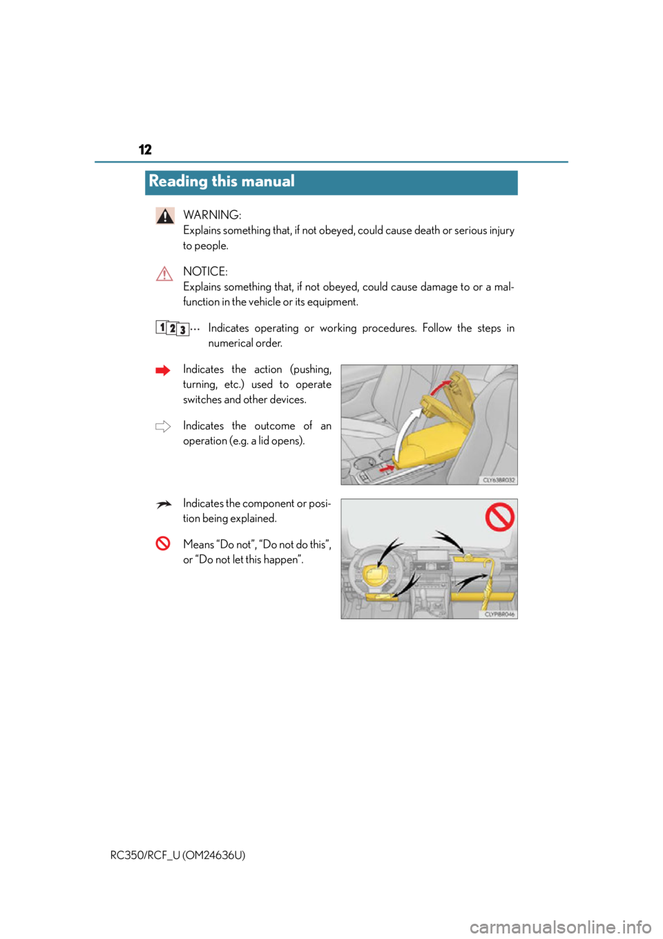 LEXUS RC350 2015  Owners Manual 12
RC350/RCF_U (OM24636U)
WA R N I N G :  
Explains something that, if not obeyed, could cause death or serious injury
to people.
NOTICE: 
Explains something that, if not obey ed, could cause damage t