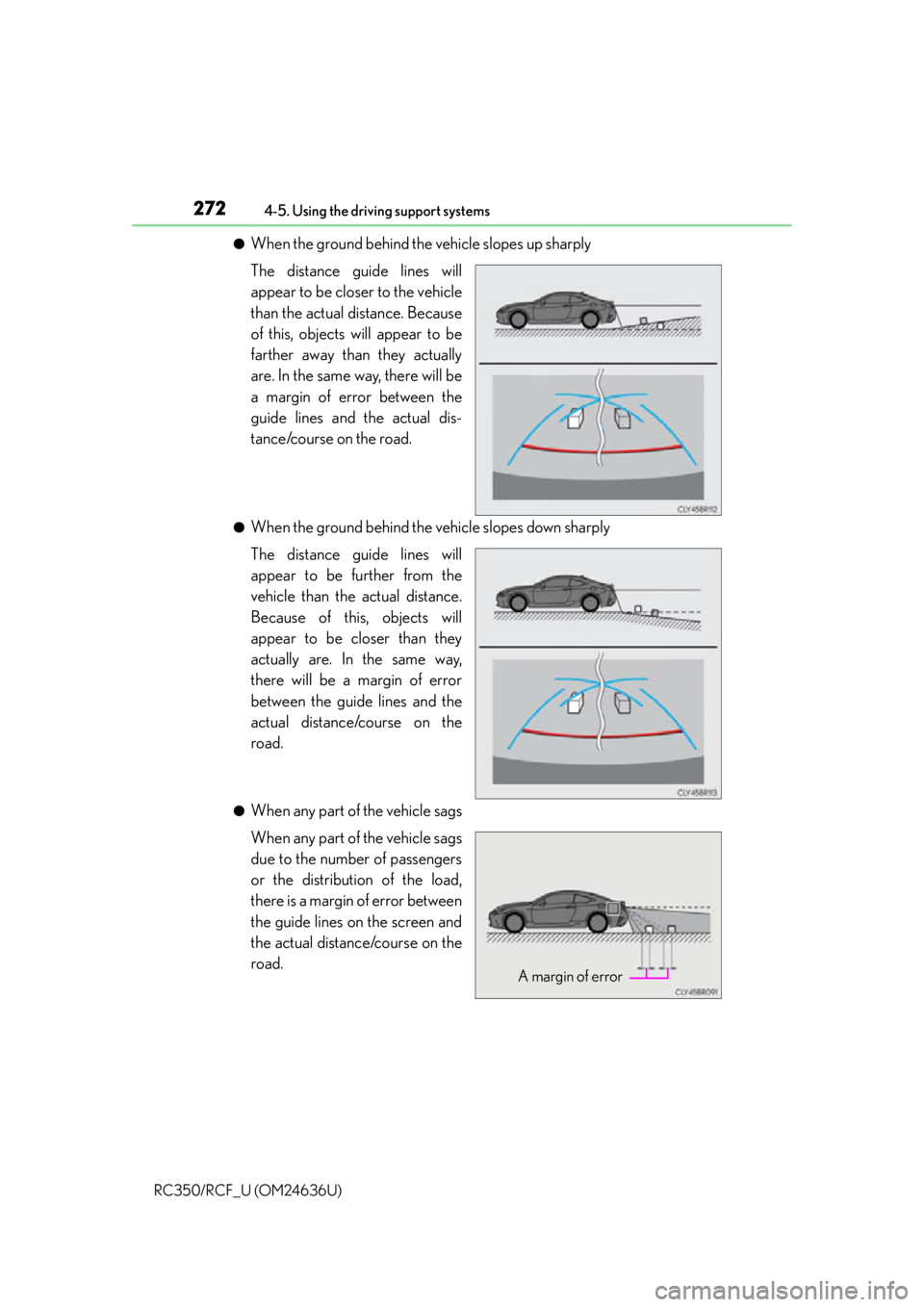 LEXUS RC350 2015 Owners Manual 2724-5. Using the driving support systems
RC350/RCF_U (OM24636U)
●When the ground behind the vehicle slopes up sharply
The distance guide lines will
appear to be closer to the vehicle
than the actua LEXUS RC350 2015 Owners Manual 2724-5. Using the driving support systems
RC350/RCF_U (OM24636U)
●When the ground behind the vehicle slopes up sharply
The distance guide lines will
appear to be closer to the vehicle
than the actua