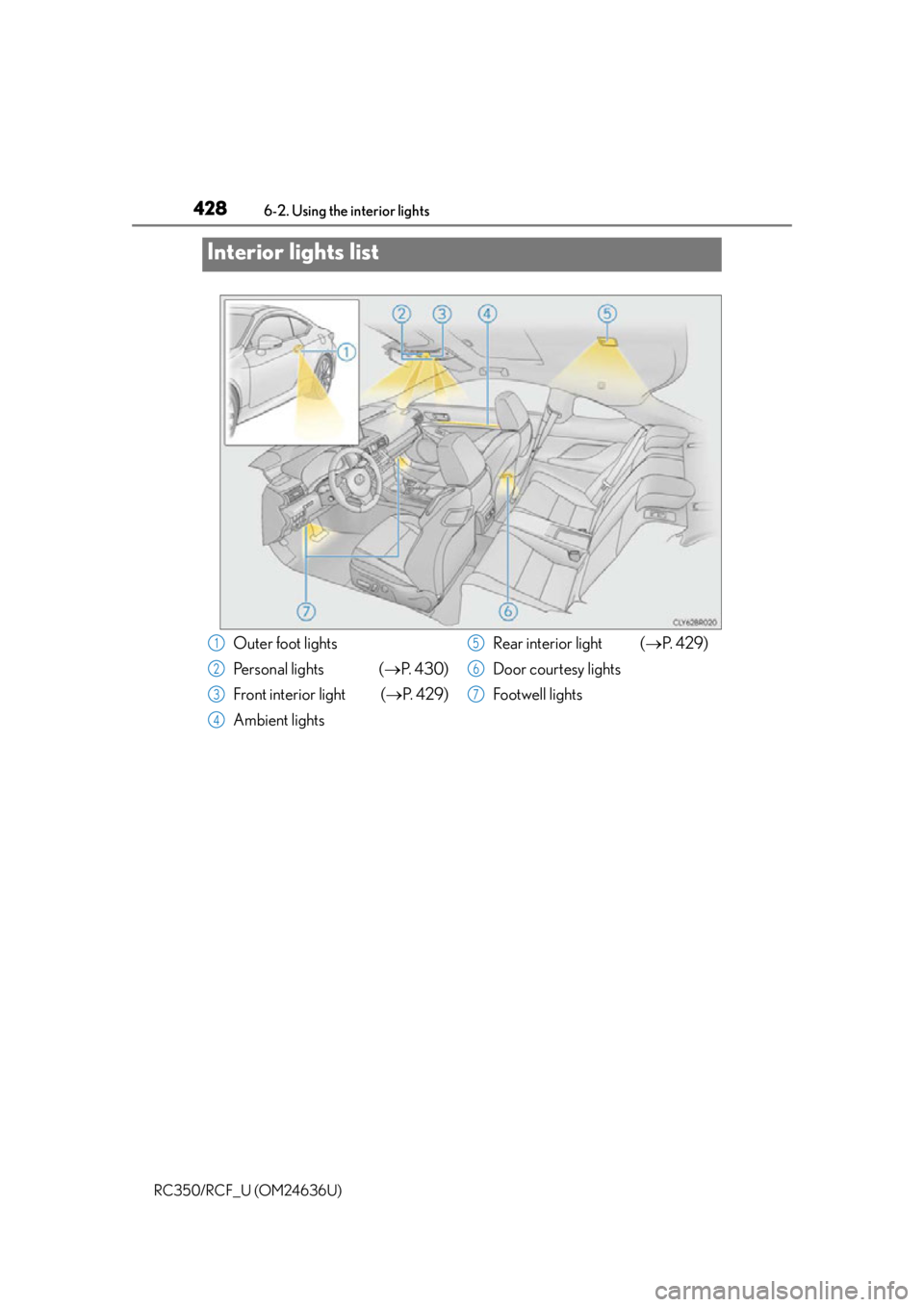 LEXUS RC350 2015  Owners Manual 428
RC350/RCF_U (OM24636U)6-2. Using the interior lights
Interior lights list
Outer foot lights
Personal lights (
P.  4 3 0 )
Front interior light  ( P.  4 2 9 )
Ambient lights Rear interior lig