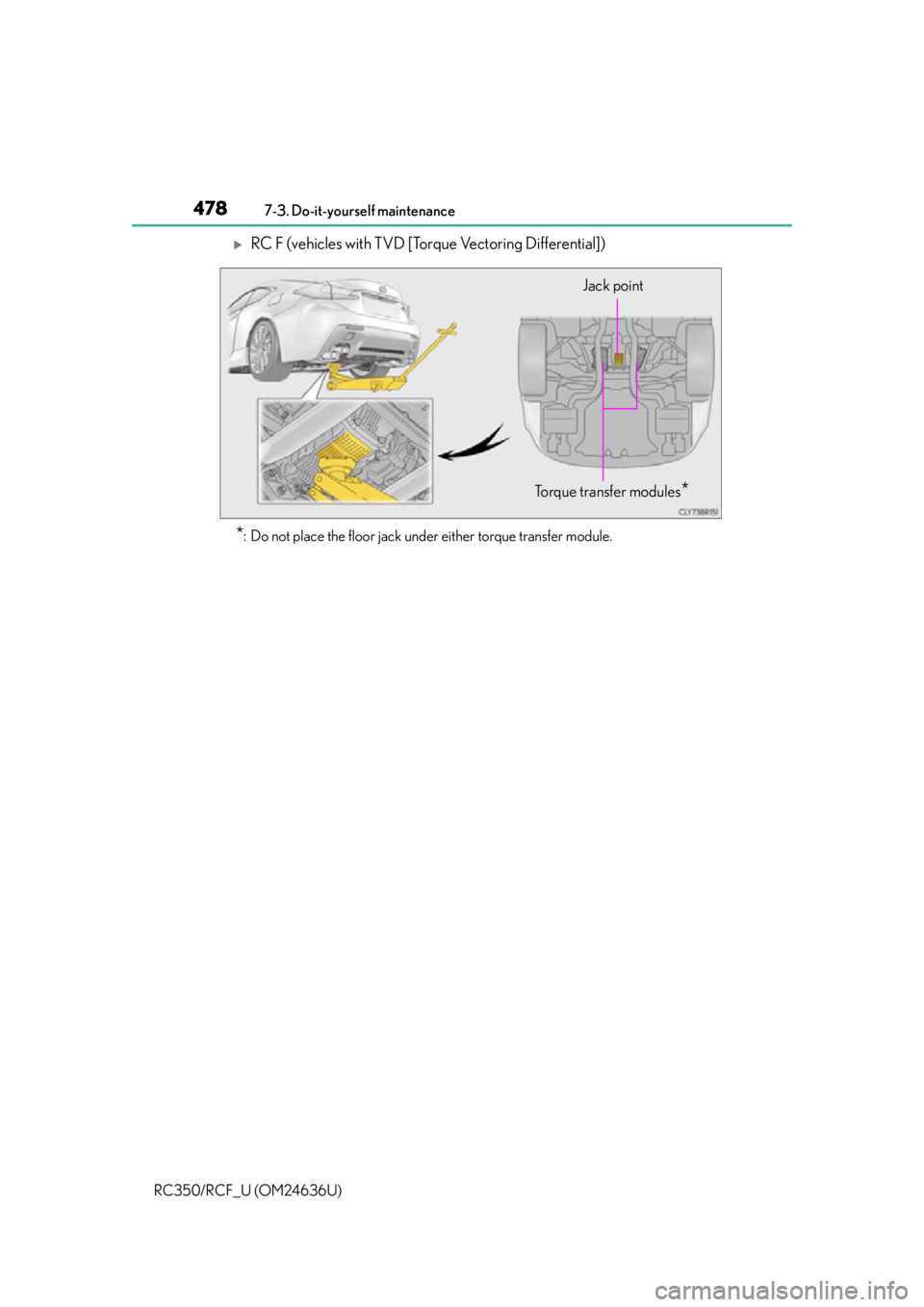 LEXUS RC350 2015  Owners Manual 4787-3. Do-it-yourself maintenance
RC350/RCF_U (OM24636U)
RC F (vehicles with TVD [Torque Vectoring Differential])
*: Do not place the floor jack under either torque transfer module.
To r q u e  t 