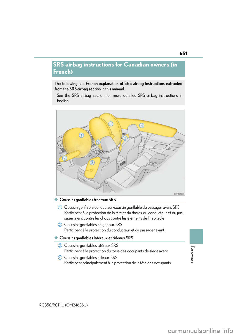 LEXUS RC350 2015  Owners Manual 651
For owners
RC350/RCF_U (OM24636U)
◆Coussins gonflables frontaux SRSCoussin gonflable conducteur/coussin gonflable du passager avant SRS
Participent à la protection de la tête et du thorax du c