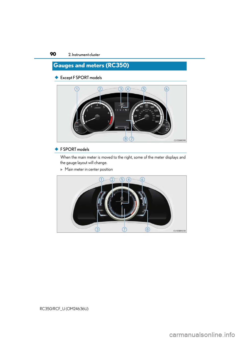 LEXUS RC350 2015  Owners Manual 902. Instrument cluster
RC350/RCF_U (OM24636U)
◆Except F SPORT models
◆F SPORT models 
When the main meter is moved to the right, some of the meter displays and
the gauge layout will change.
Ma