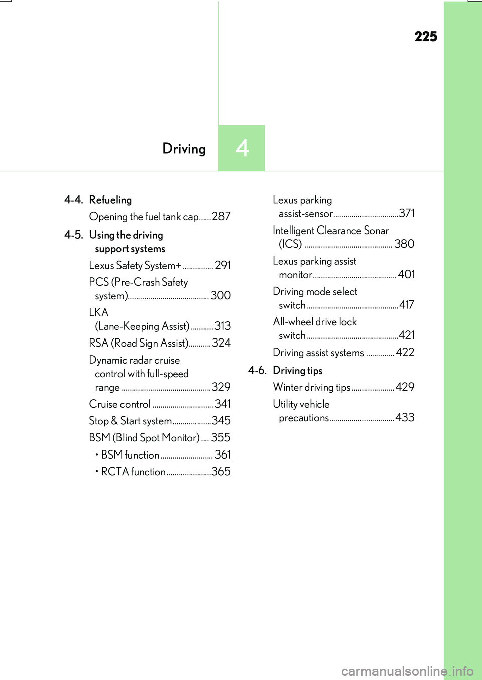 LEXUS RX200T 2017  Owners Manual 225
4Driving
RX350/RX200t_EE_OM48F32E
4-4. Refueling 
Opening the fuel tank cap...... 287 
4-5.  Using the driving  
support systems 
Lexus Safety System+ ............... 291 
PCS (Pre-Crash Safety  
