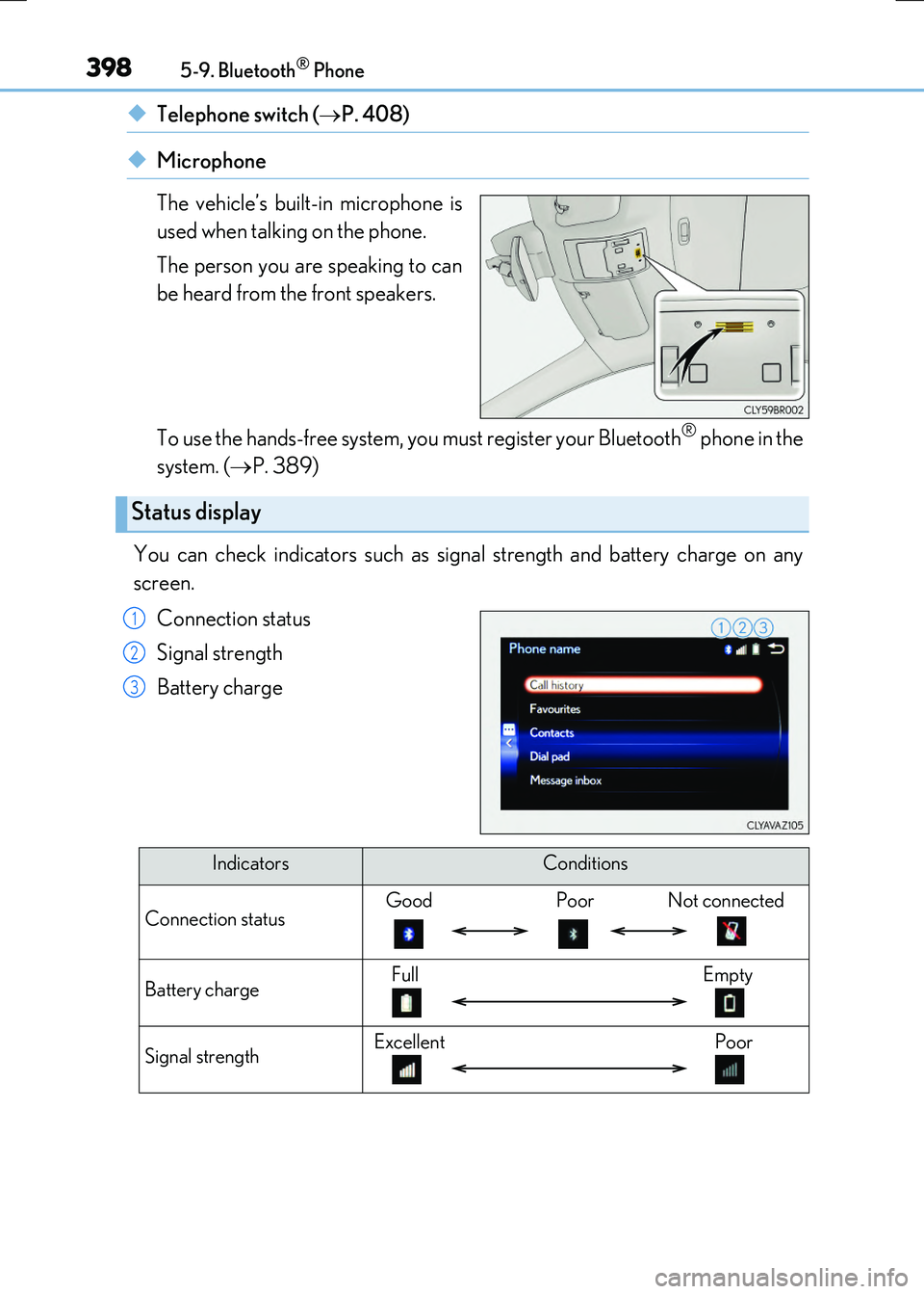 LEXUS RX300H 2017  Owners Manual 3985-9. Bluetooth® Phone
RC300h_EE(OM24740E)
◆Telephone switch (P. 408)
◆Microphone 
The vehicle’s built-in microphone is 
used when talking on the phone. 
The person you are speaking to can