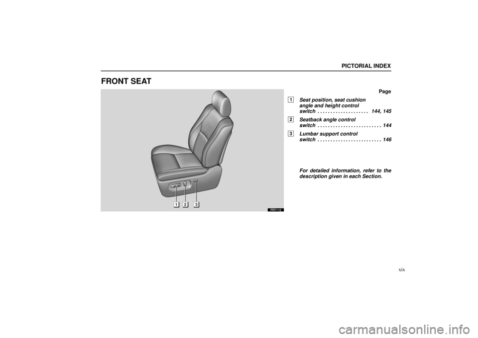 LEXUS RX330 2006  Owners Manual PICTORIAL INDEX
xix
FRONT SEAT
Page
1Seat position, seat cushion 
angle and height control 
switch 144, 145. . . . . . . . . . . . . . . . . . . . 
2Seatback angle control 
switch 144. . . . . . . . .