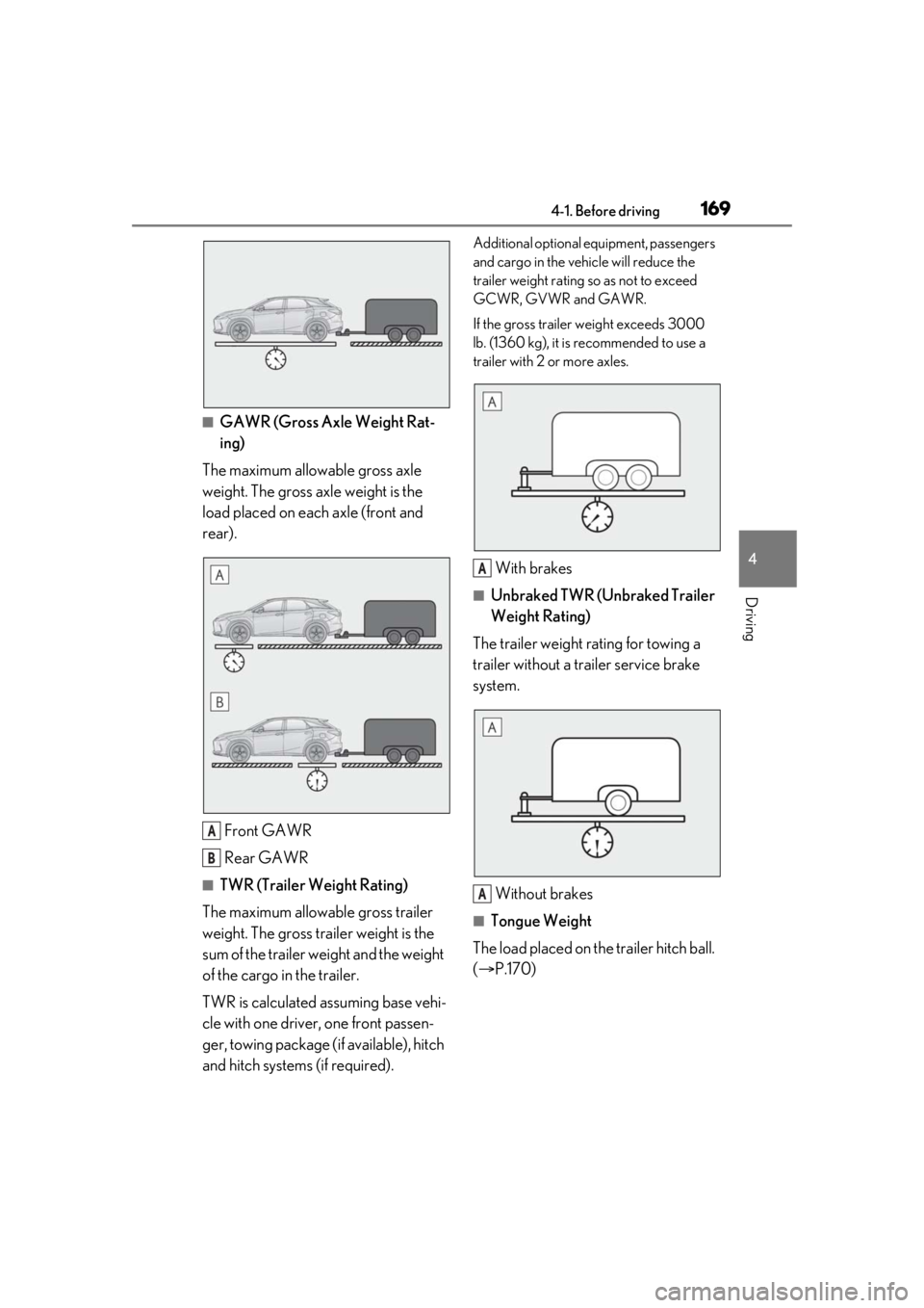 LEXUS RX350 2020 Owners Manual 1694-1. Before driving
4
Driving
■GAWR (Gross Axle Weight Rat-
ing)
The maximum allowable gross axle
weight. The gross axle weight is the
load placed on each axle (front and
rear).
Front GAWR
Rea LEXUS RX350 2020 Owners Manual 1694-1. Before driving
4
Driving
■GAWR (Gross Axle Weight Rat-
ing)
The maximum allowable gross axle
weight. The gross axle weight is the
load placed on each axle (front and
rear).
Front GAWR
Rea