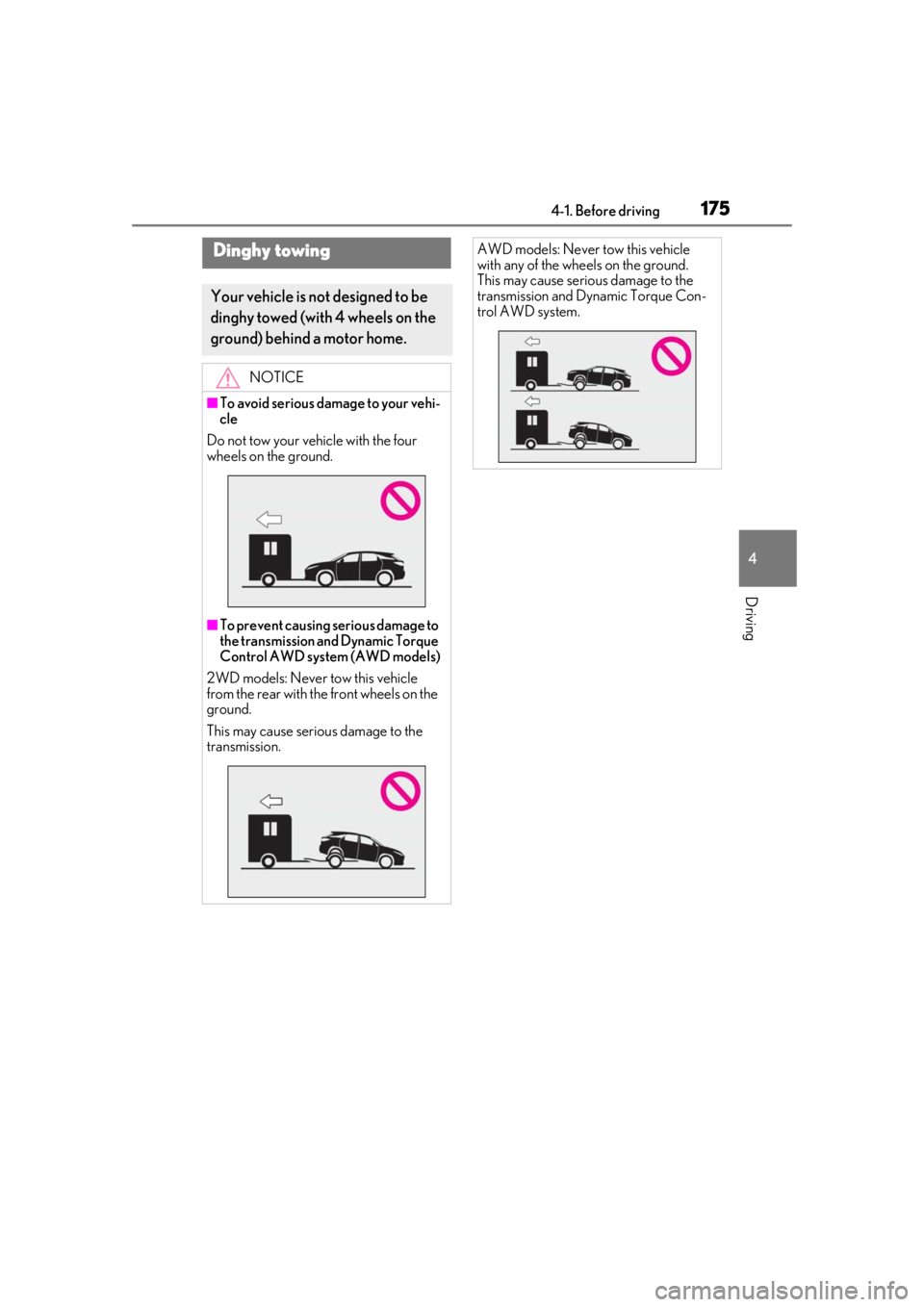 LEXUS RX350 2020  Owners Manual 1754-1. Before driving
4
Driving
Dinghy towing
Your vehicle is not designed to be 
dinghy towed (with 4 wheels on the 
ground) behind a motor home.
NOTICE
■To avoid serious damage to your vehi-
cle
