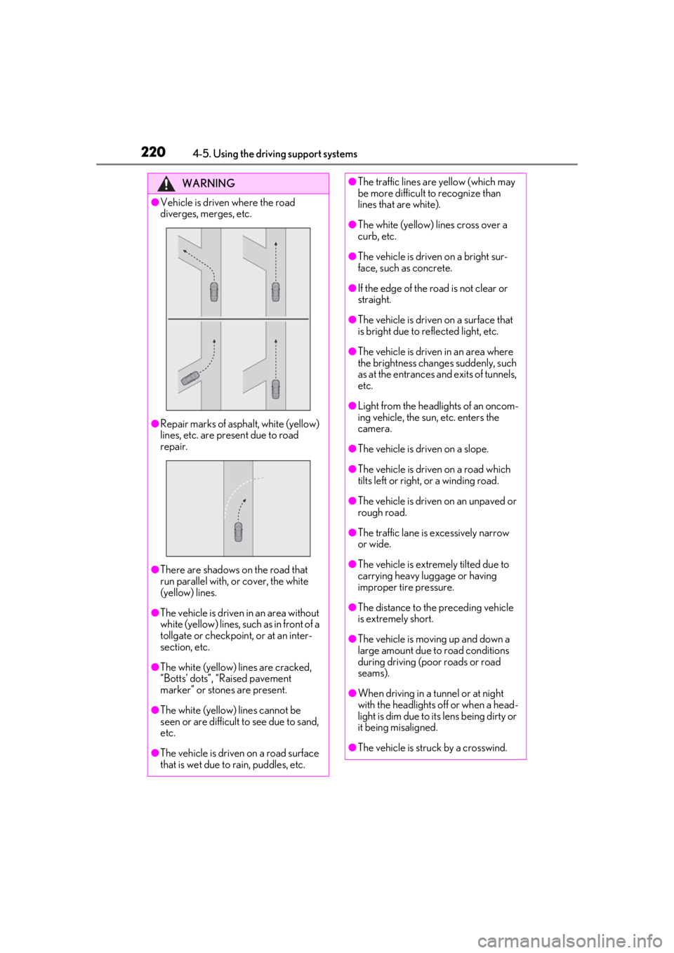LEXUS RX350 2020 Owners Manual 2204-5. Using the driving support systems
WARNING
●Vehicle is driven where the road
diverges, merges, etc.
●Repair marks of asphalt, white (yellow)
lines, etc. are present due to road
repair.
LEXUS RX350 2020 Owners Manual 2204-5. Using the driving support systems
WARNING
●Vehicle is driven where the road
diverges, merges, etc.
●Repair marks of asphalt, white (yellow)
lines, etc. are present due to road
repair.