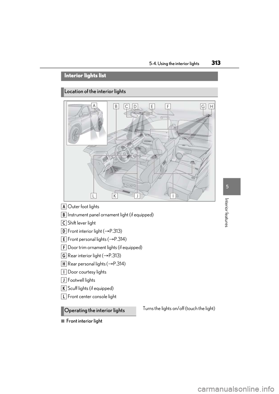 LEXUS RX350 2020  Owners Manual 3135-4. Using the interior lights
5
Interior features
5-4.Using the interior lights
Outer foot lights
Instrument panel ornament light (if equipped)
Shift lever light
Front interior light (P.313)
Fr