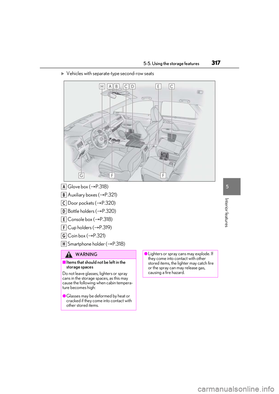 LEXUS RX350 2020  Owners Manual 3175-5. Using the storage features
5
Interior features
Vehicles with separate-type second-row seatsGlove box ( P.318)
Auxiliary boxes ( P.321)
Door pockets ( P.320)
Bottle holders ( P.3