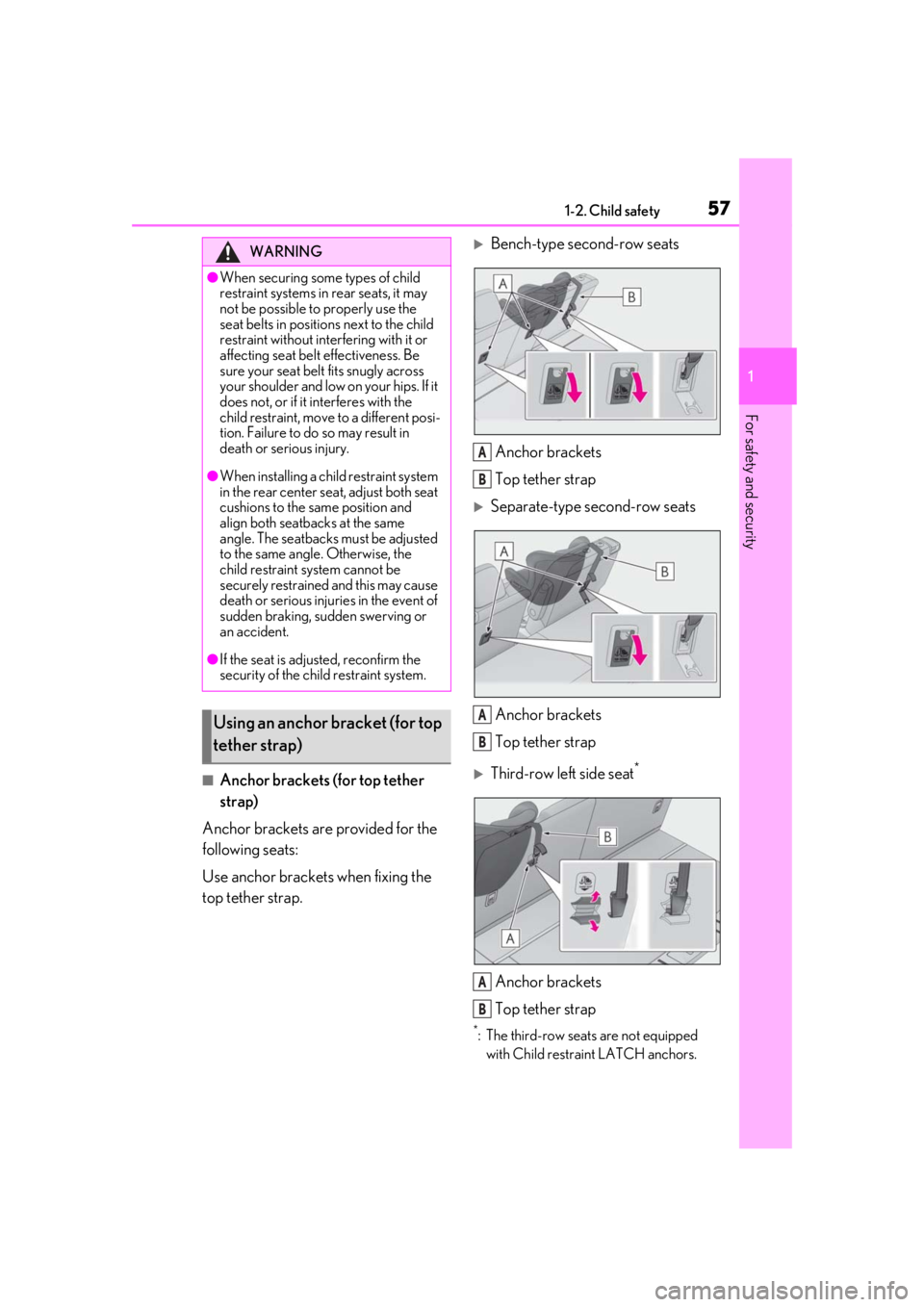 LEXUS RX350 2020 Owners Manual 571-2. Child safety
1
For safety and security
■Anchor brackets (for top tether
strap)
Anchor brackets are provided for the
following seats:
Use anchor brackets when fixing the
top tether strap.
LEXUS RX350 2020 Owners Manual 571-2. Child safety
1
For safety and security
■Anchor brackets (for top tether
strap)
Anchor brackets are provided for the
following seats:
Use anchor brackets when fixing the
top tether strap.