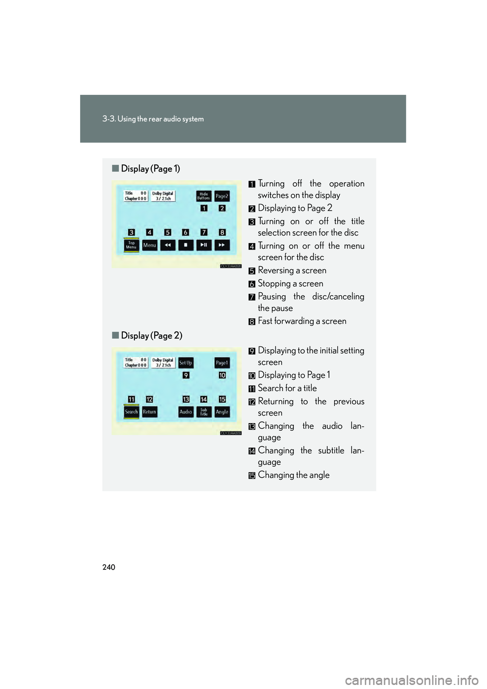 LEXUS RX400H 2008  Owners Manual 240
3-3. Using the rear audio system
RX400h_U
■Display (Page 1)
Turning off the operation
switches on the display
Displaying to Page 2
Turning on or off the title
selection screen for the disc
Turni