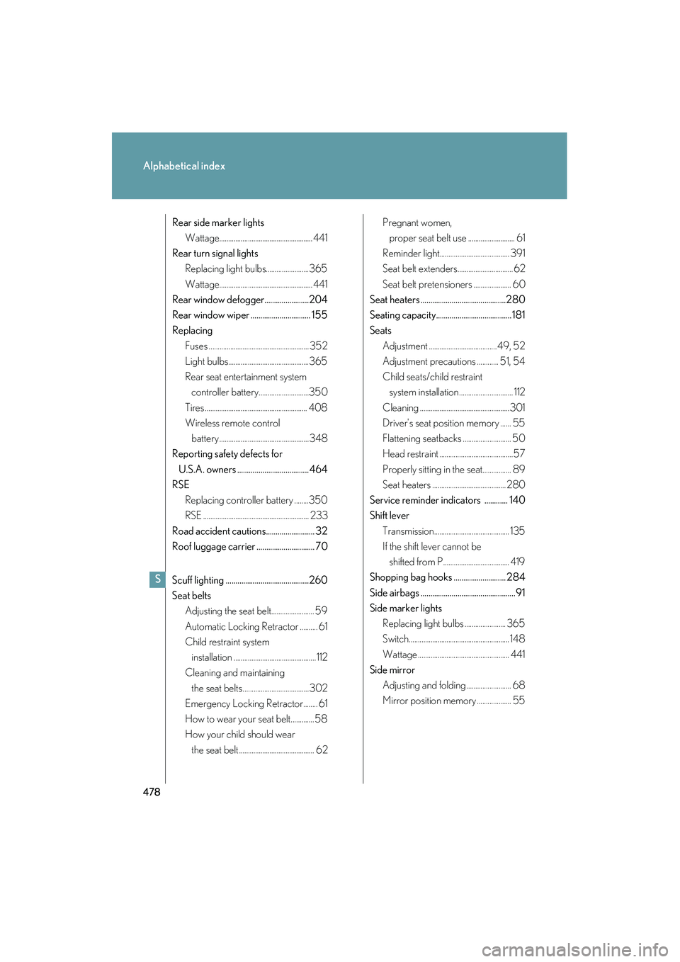 LEXUS RX400H 2008  Owners Manual 478
Alphabetical index
RX400h_U
Rear side marker lightsWattage.................................................... 441
Rear turn signal lights Replacing light bulbs........................365
Wattage.