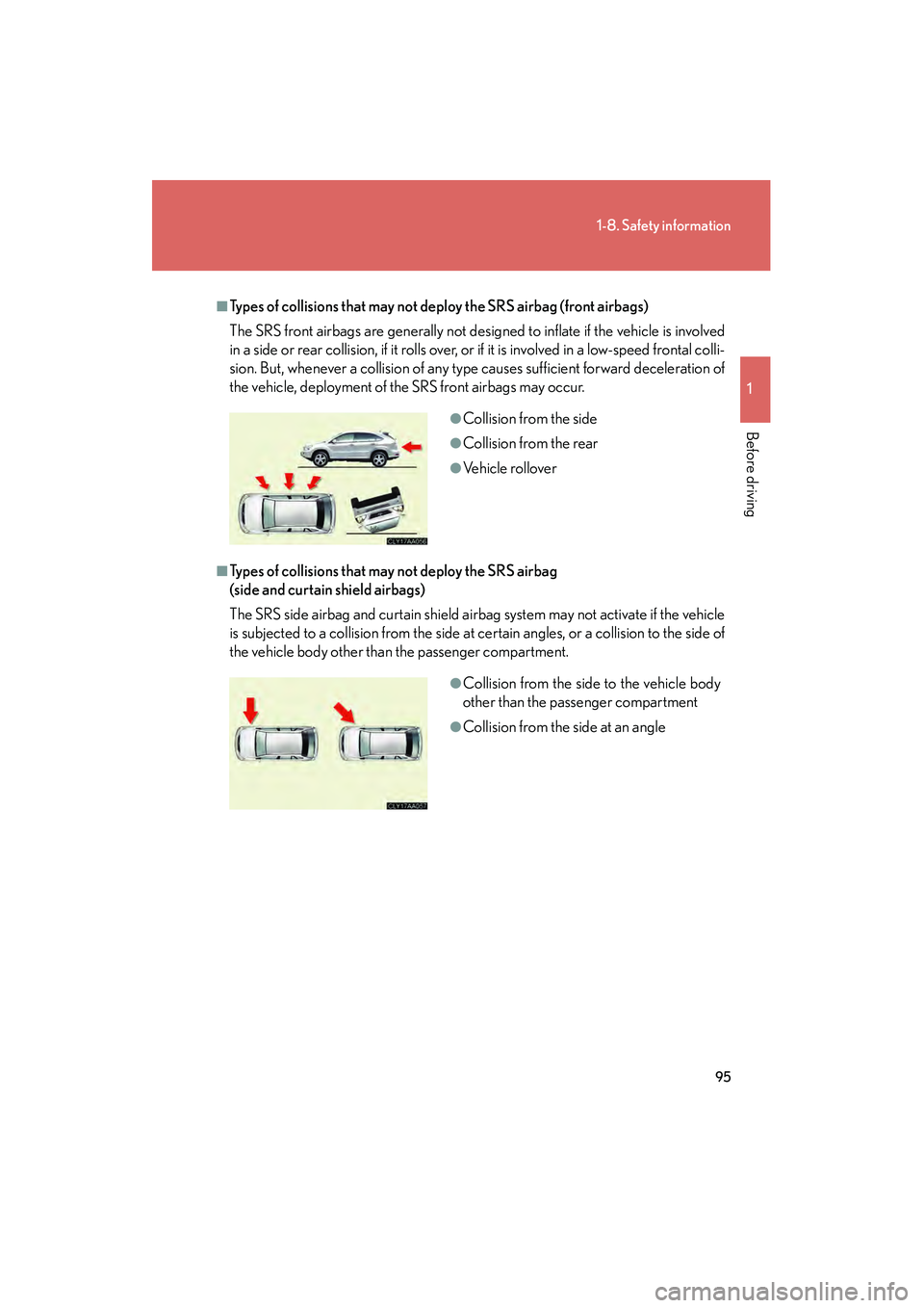 LEXUS RX400H 2008  Owners Manual 95
1-8. Safety information
1
Before driving
RX400h_U
■Types of collisions that may not deploy the SRS airbag (front airbags)
The SRS front airbags are generally not designed to inflate if the vehicl