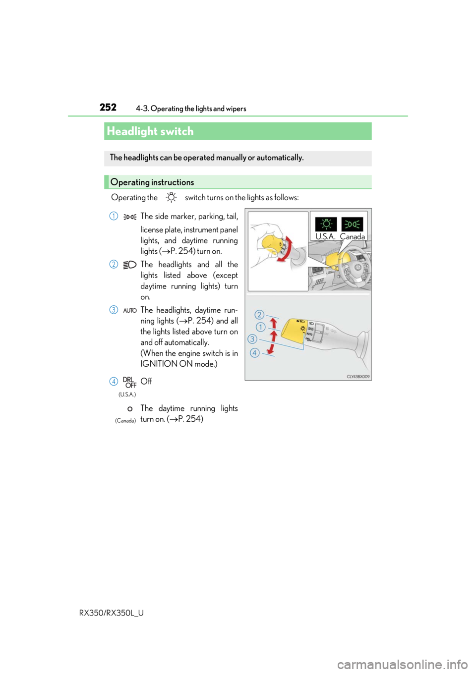 LEXUS RX450H 2020  Owners Manual 252
RX350/RX350L_U4-3. Operating the lights and wipers
Operating the   switch turn
s on the lights as follows:
Headlight switch
The headlights can be operated manually or automatically. 
Operating ins