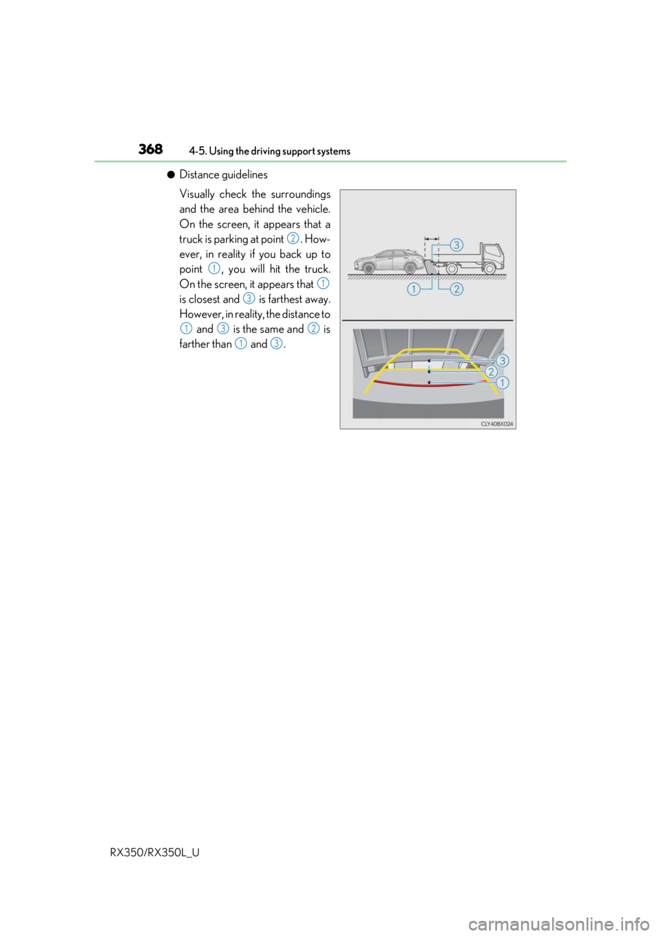 LEXUS RX450H 2020  Owners Manual 3684-5. Using the driving support systems
RX350/RX350L_U
●Distance guidelines
Visually check the surroundings
and the area behind the vehicle.
On the screen, it appears that a
truck is parking at po
