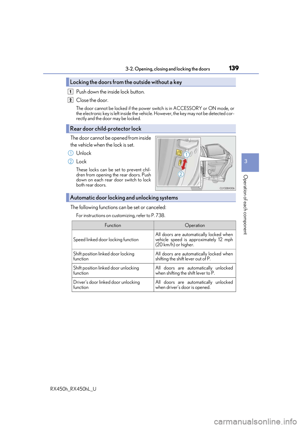 LEXUS RX450H 2019  Owners Manual 1393-2. Opening, closing and locking the doors
3
Operation of each component
RX450h_RX450hL_U
Push down the inside lock button.
Close the door.
The door cannot be locked if the power  switch is in ACC
