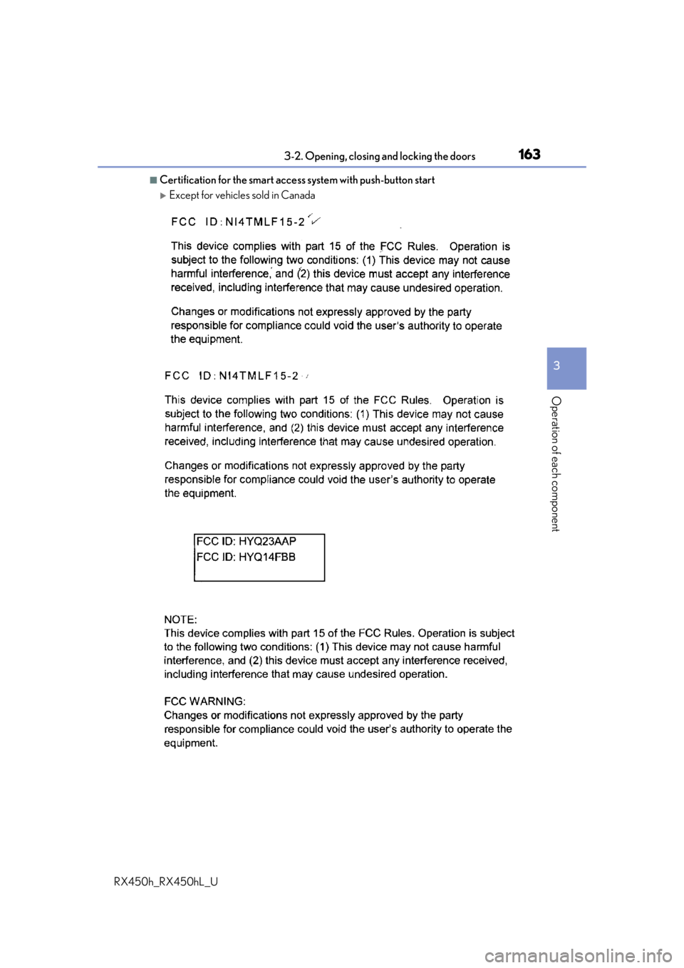 LEXUS RX450H 2019  Owners Manual 1633-2. Opening, closing and locking the doors
3
Operation of each component
RX450h_RX450hL_U
■Certification for the smart access  system with push-button start
Except for vehicles sold in Canada