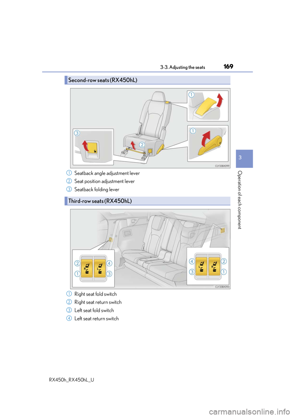 LEXUS RX450H 2019  Owners Manual 1693-3. Adjusting the seats
3
Operation of each component
RX450h_RX450hL_U
Seatback angle adjustment lever
Seat position adjustment lever
Seatback folding lever
Right seat fold switch
Right seat retur