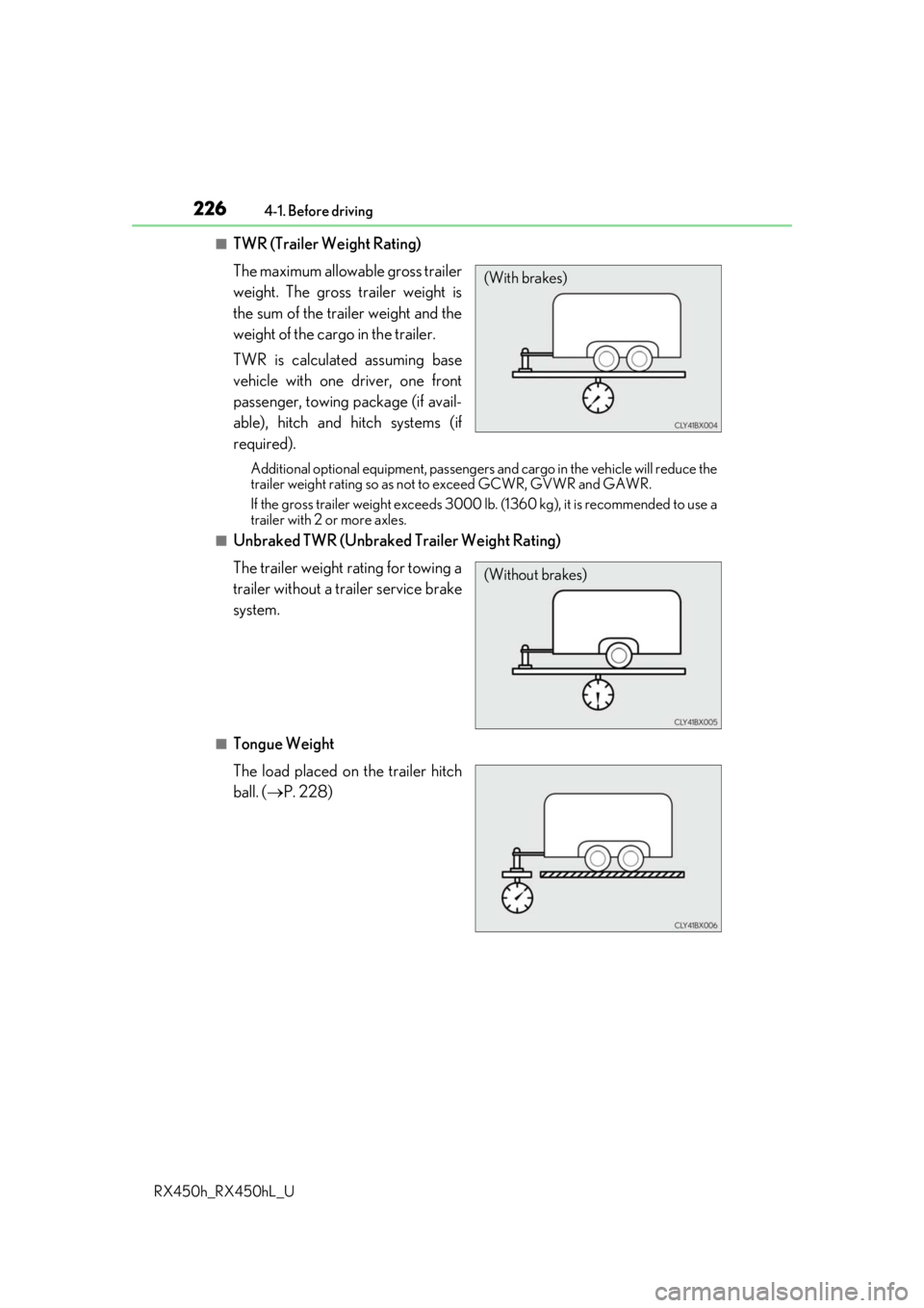 LEXUS RX450H 2019  Owners Manual 2264-1. Before driving
RX450h_RX450hL_U
■TWR (Trailer Weight Rating)
The maximum allowable gross trailer
weight. The gross trailer weight is
the sum of the trailer weight and the
weight of the cargo