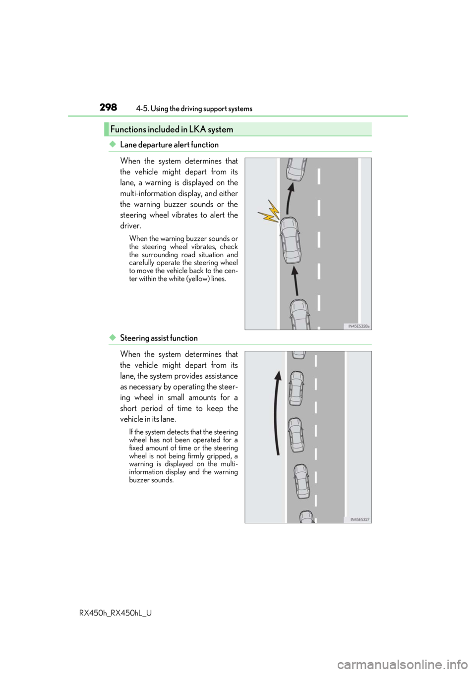 LEXUS RX450H 2019  Owners Manual 2984-5. Using the driving support systems
RX450h_RX450hL_U
◆Lane departure alert function
When the system determines that
the vehicle might depart from its
lane, a warning is displayed on the
multi-